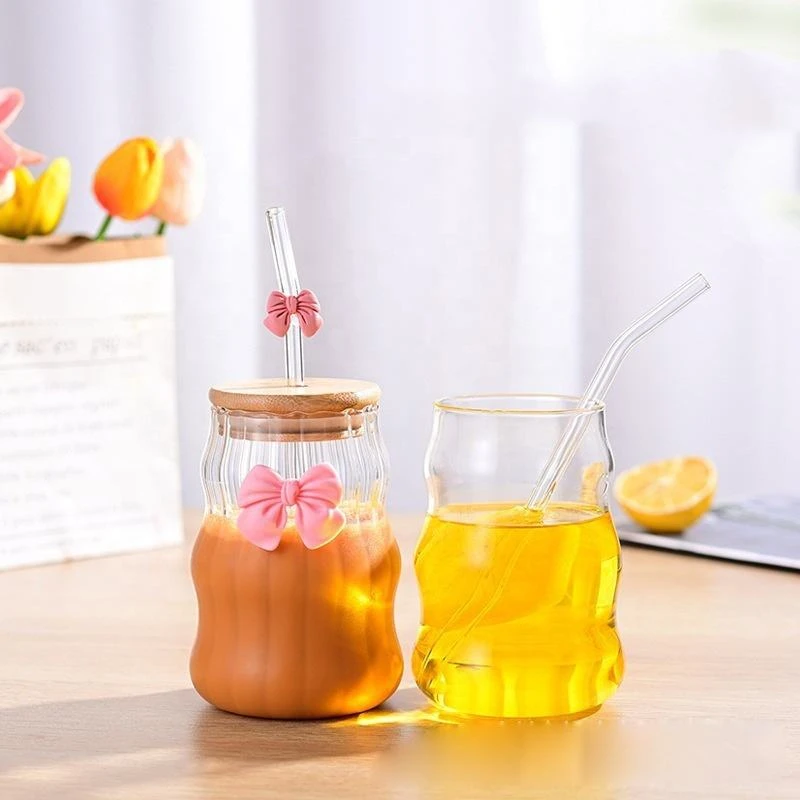 Aesthetic Cloud Bow Borosilicate Glass Cup With Bamboo Lid - Professional Giftware Collection