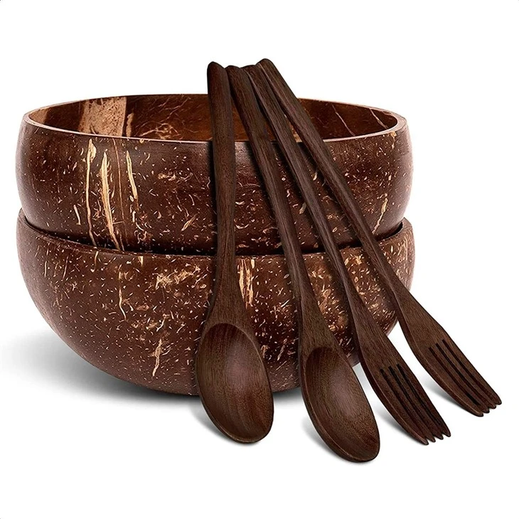 Custom Logo Coconut Shell Bowl Set With Spoons Biodegradable Natural Kitchenware Factory Direct Supply