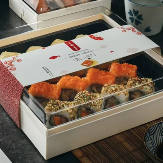 Custom Logo Biodegradable Wood Sushi Box Disposable Takeaway Bento Tray Wholesale Manufacturer