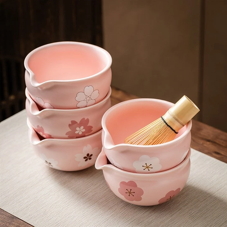 Custom Logo Pink Floral Matcha Bowl with Gift Box Professional Japanese Tea Ware Factory
