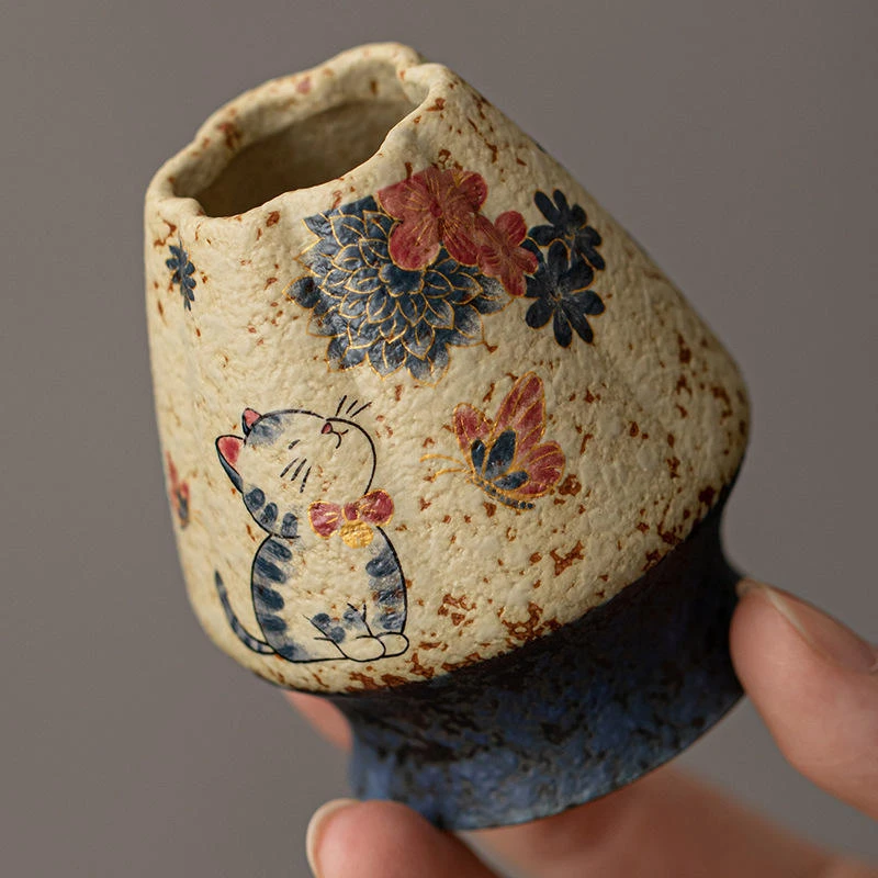 Hand-Painted Matcha Bowl With Cat And Floral Design