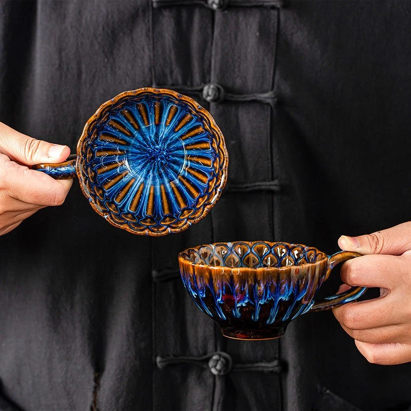 Reactive Glaze Fluted Cup With Handle, Cobalt And Chestnut