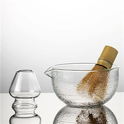 Hammered Glass Matcha Bowl With Pouring Spout And Bamboo Whisk